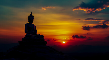 Silhouette of the Buddha statue sitting on the top with the sunset in background