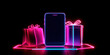© Y_Malashkevych - Bright neon lights illuminate a mobile device standing between two gift boxes highlighting the essence of online shopping and digital gift-giving in a contemporary atmosphere