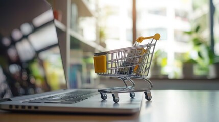 Miniature shopping cart placed on a laptop symbolizing e-commerce