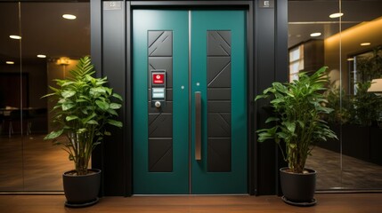 The entrance to a building has two green doors with a red sign on the left door