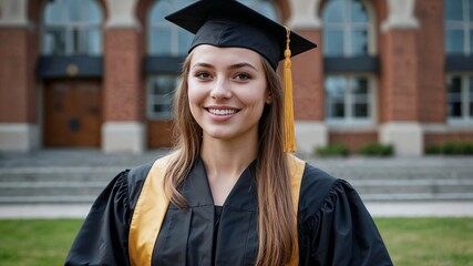 A joyful young woman in a graduation cap and gown stands outdoors, she is happy and she is smiling celebrating her success on her graduation day