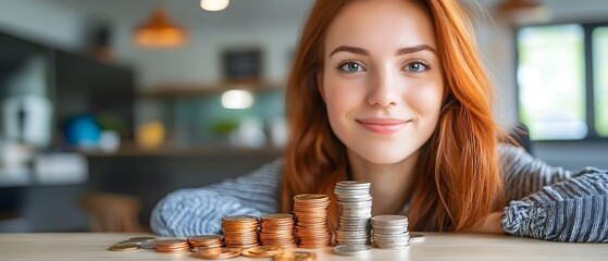 Young Smiling Redhead Woman Holding a Stack of Coins and Reviewing Her Budget Focused on Saving Money and Achieving Financial Freedom and Prosperity