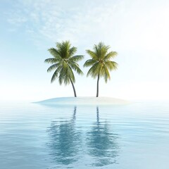 Serene tropical island with two palm trees reflected in calm blue water under a clear sky. Perfect for relaxation and travel themes.