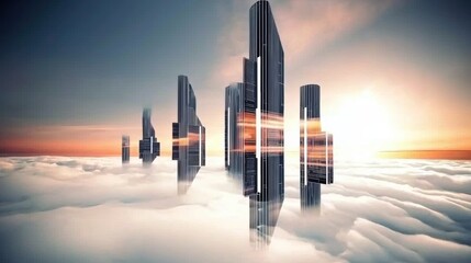 Poster - Futuristic Skyscrapers Above Clouds at Sunrise