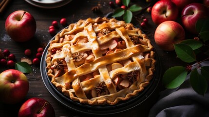 A pie with apples and spices on top of a plate