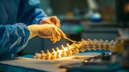 Poster - A medical professional in sterile gloves performs a surgical procedure on a model spine in a clinical environment.