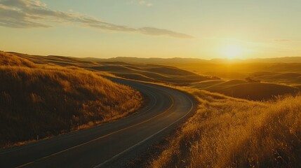 Poster - Winding Road Through Golden Grassy Hills at Sunset