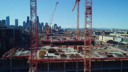 Tower cranes on a construction site with the city skyline in the background, showcasing progress in urban expansion