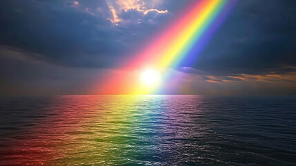 Wall Mural - Vibrant rainbow over tranquil ocean at sunset