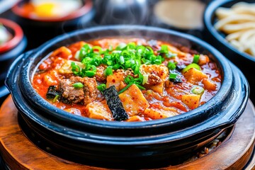 A steaming bowl of flavorful stew, garnished with green onions and sesame seeds, served in a black ceramic pot, Perfect for food blogs, restaurant menus, or culinary magazines,