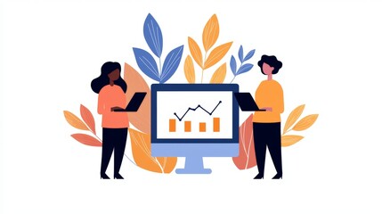 Effective collaboration and data analysis two professionals assessing business metrics on a digital platform with growth indicators