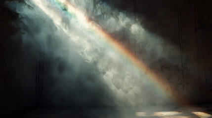 Wall Mural - Ethereal light beam creating a rainbow in a misty space