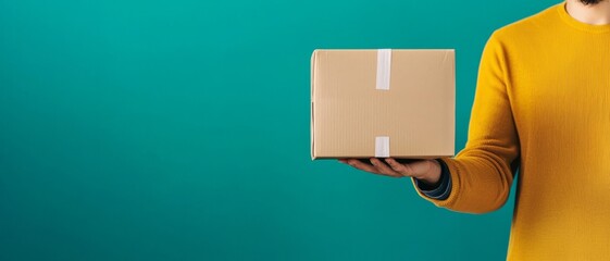 Man holding a cardboard box against a colorful background, ideal for shipping and delivery concepts.