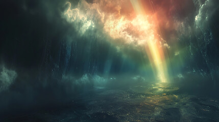 Wall Mural - Ethereal landscape with radiant light breaking through clouds