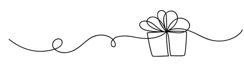 Aufkleber - One line drawing. Abstract decorative horizontal border element with gift box and bow. Beautiful hand drawn box on white background. Hand drawn sketch. Border design elements. Vector illustration.
