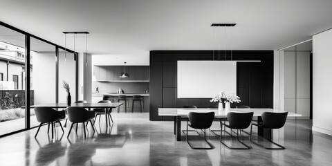 Minimalist modern interior, black and white color scheme, open plan living space, large windows, pendant lighting, round dining table, sleek chairs, abstract wall art, reflective floor, clean lines, h