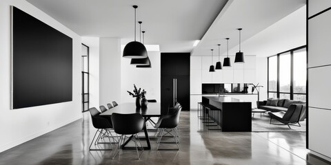 Minimalist modern interior, black and white color scheme, open plan living space, large windows, pendant lighting, round dining table, sleek chairs, abstract wall art, reflective floor, clean lines, h