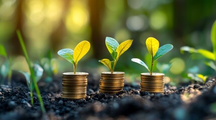 Stacks of coins with plants growing in a sunny environment