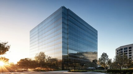 Canvas Print - Glass-covered high-rise office building against a clear sky, reflecting the sun and nearby structures.