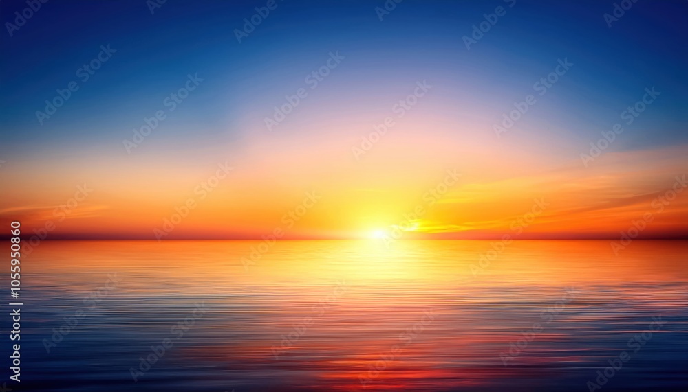 Breathtaking sunset over calm water, vibrant colors reflecting on the surface, peaceful natural scenery.
