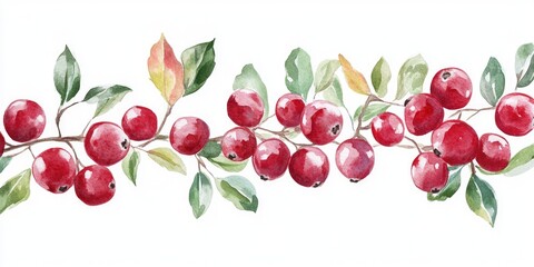 Hand drawn Watercolor Illustration of Ripe Cranberries with Vibrant Leaves