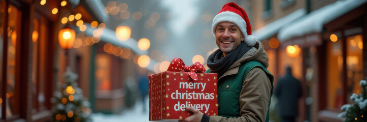 A joyful scene featuring a cheerful man in a santa hat holding a present in a beautifully lit snowy Christmas market. the festive atmosphere is enhanced by warm lights and traditional holiday.