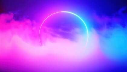 Wall Mural - Colorful neon circle emerging from vibrant pastel clouds, creating a surreal and dreamy atmosphere.