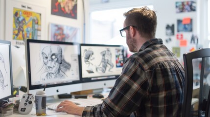 Game Developer Designing Characters for New Video Game in Modern Tech Office