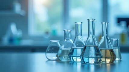 a stack of test tubes with different liquids are on the table in the laboratory