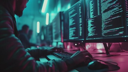 programmer coding at a minimalist desk with multiple screens, surrounded by futuristic lighting and high-tech decor, symbolizing the dedication to mastering digital skills