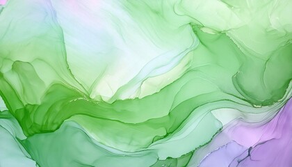 Wall Mural - Abstract watercolor texture with flowing green and lavender tones, perfect for backgrounds and designs.