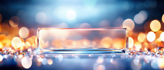 Poster - A sparkling, blurred background highlights a clear glass object, creating an elegant and modern ambiance perfect for showcasing products.