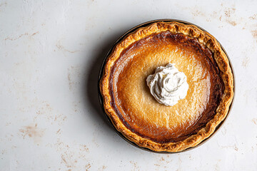 Wall Mural - homemade pumpkin pie with whipped cream on white background