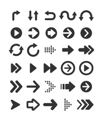 Set of black arrow icons. Various packaging symbols. Motion pointers. Site and player control buttons. Flat style logos. Information pointers. Wayfinding directions. Modern simple vector arrows.