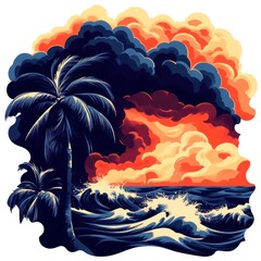 Wall Mural - Tropical scene with palm trees and dramatic clouds over turbulent ocean waves.