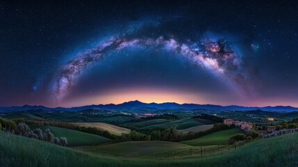 Wall Mural - A night sky filled with stars and the Milky Way galaxy over a peaceful rural landscape with rolling hills.