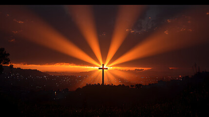 Wall Mural - dramatic scene of a cross silhouetted against a vibrant sunset, with beams of light spreading across