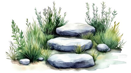 Wall Mural - watercolor illustration of stone pathway surrounded by lush greenery.