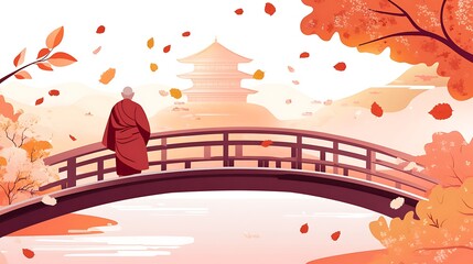 Tranquil Monk Walking Across a Serene Bridge