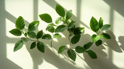 Wall Mural - Fresh green leaves with shadows on a light background.