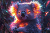 vibrant koala with glowing orange eyes and fiery fur nestled among luminescent leaves under a cosmic sky