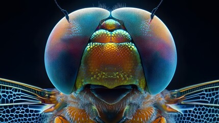 Microscopic view of a dragonfly's compound eyes, revealing vibrant geometric facets and intricate details in stunning clarity under a biological microscope.