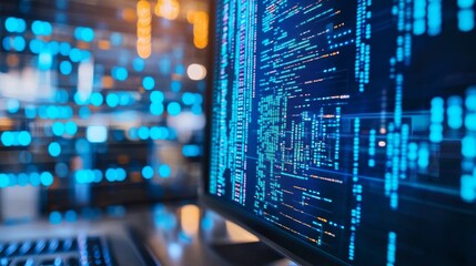 Close-up of a computer screen displaying code in a modern office