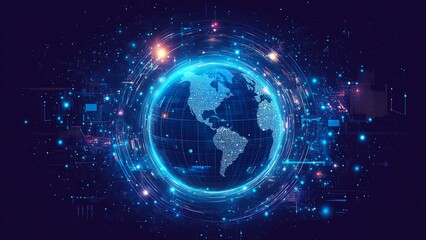 Wall Mural - global connection in 3d: a digital illustration of earth with a network of light and data