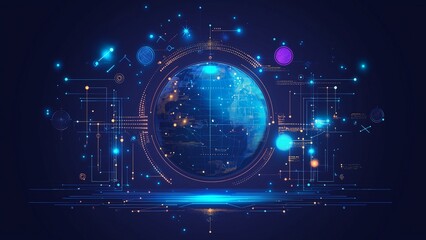 Wall Mural - global connection in 3d: a digital illustration of earth with a network of light and data