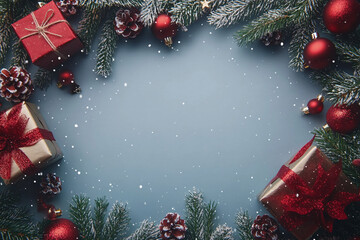 festive winter background with red ornaments and gifts on blue  snowfall