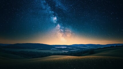 Wall Mural - A night sky filled with stars and the Milky Way galaxy over a peaceful rural landscape with rolling hills.