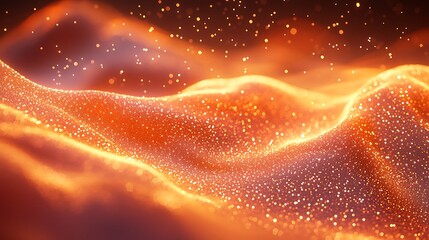 Abstract background in orange with particles and a network grid connected