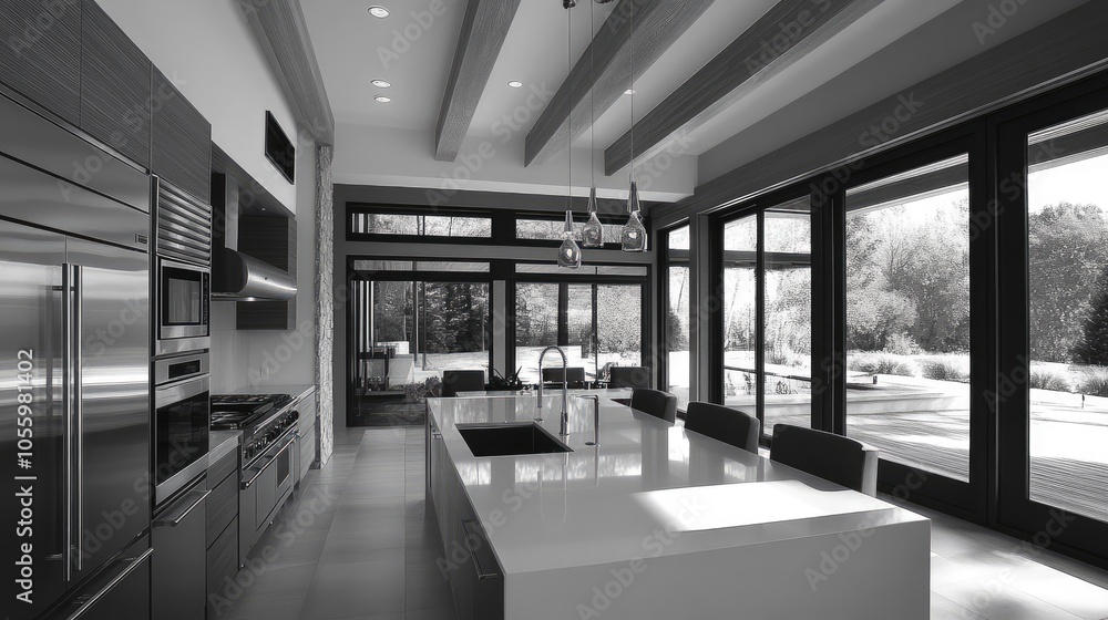 Open-concept kitchen with stainless steel appliances, a large island ...