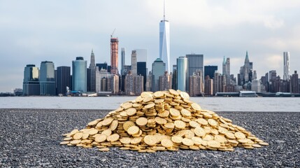 A pile of gold coins sits prominently in the foreground, with a modern city skyline in the background, symbolizing wealth and prosperity.